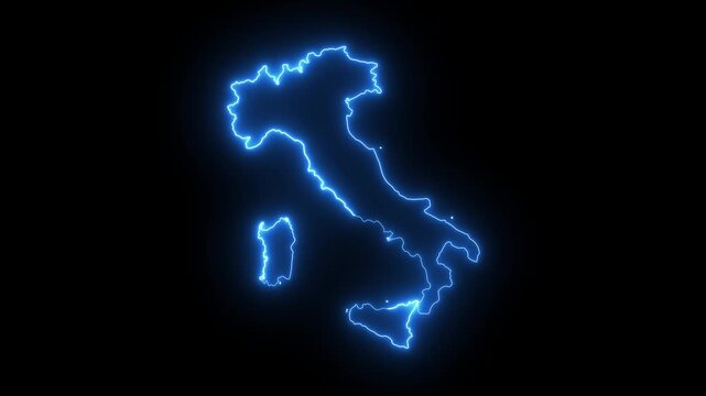 Neon Blue Italy Map Borders Outline Loop Background. Neon Blue Colored Italy Map Borders Outline Seamless Loop Dark Background. Italy Neon Map Borders Outline.