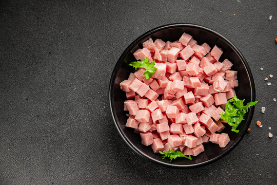 Ham cube shape pork meat tasty snack fresh, delicious, gourmet food background on the table, rustic food, top view, copy space