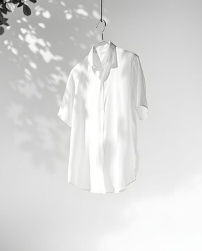 White Short Sleeve Button-Up Shirt with Leaf Shadows
