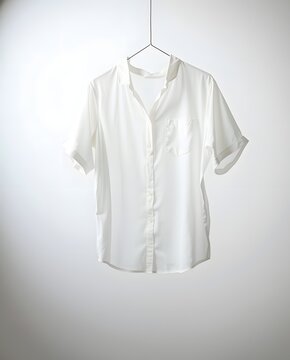 White Short Sleeve Button-Up Shirt with Leaf Shadows