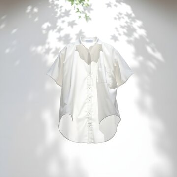 White Short Sleeve Button-Up Shirt with Leaf Shadows