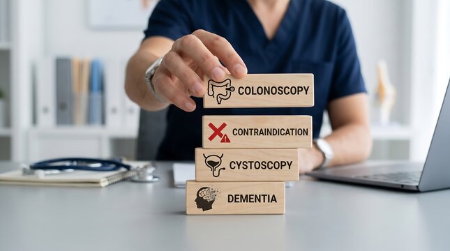 Medical professional discussing colonoscopy and contraindication with wooden blocks on desk in clinic