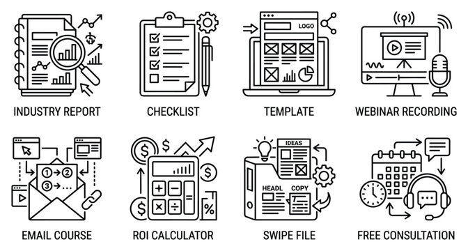 Industry report checklist template webinar recording icons vector.
