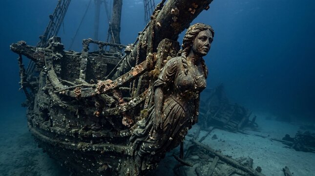 Ancient underwater shipwreck with ornate figurehead and coral