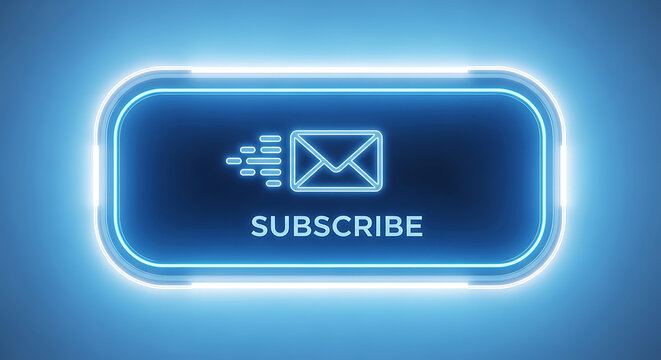Neon subscribe button with glowing blue light on dark blue background