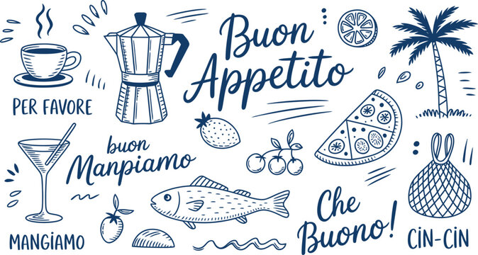 Italian food and drink doodles collage vector illustration,