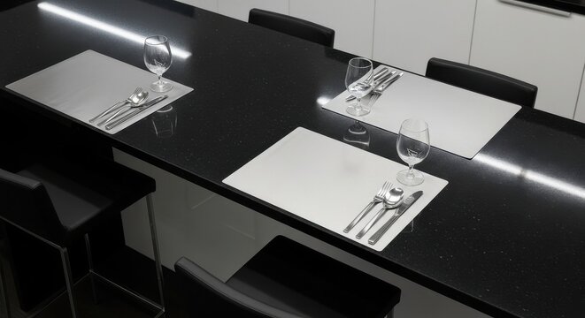 Elegant Modern Dining Table Setting with Polished Granite Countertop and Place Settings