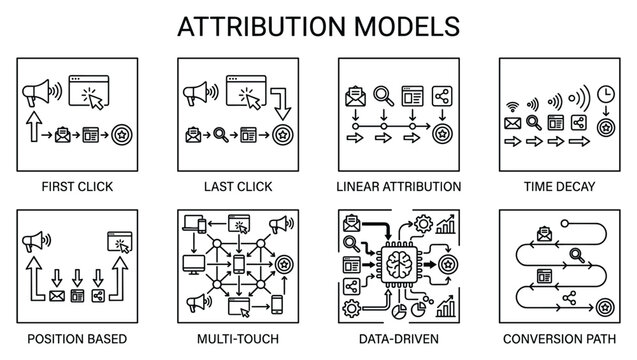 Marketing attribution models: first last linear time decay position multi-touch data-driven.