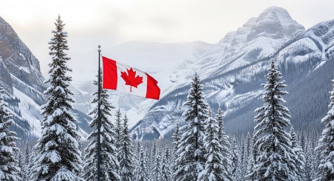 Canadian flag waving in a winter wonderland mountain landscape