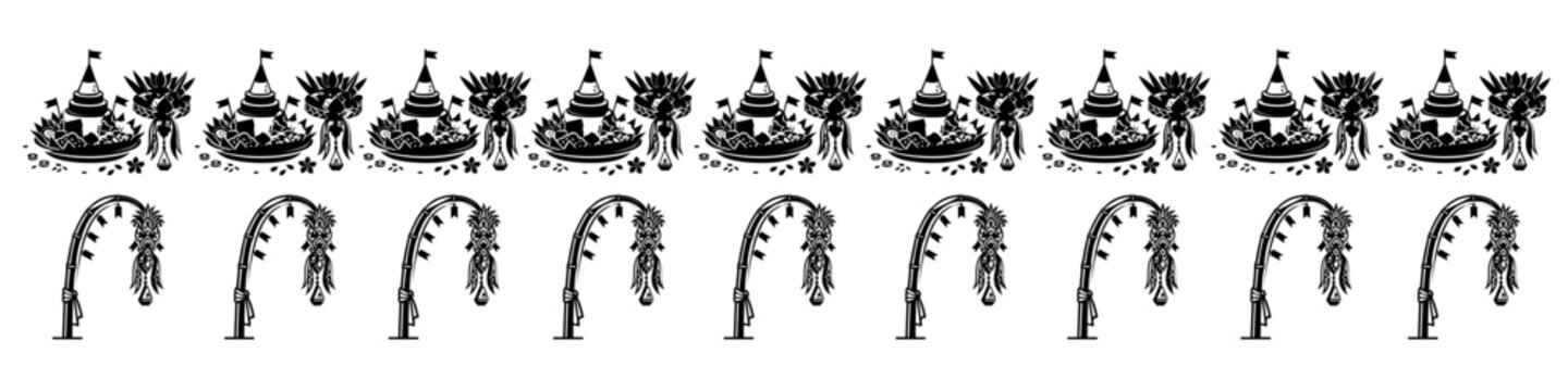Traditional Balinese Cultural Border Silhouette Featuring Penjor Poles and Ritual Offerings