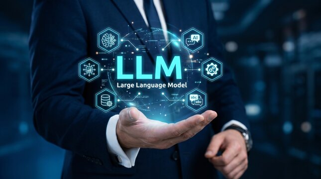 Businessman holding a digital holographic interface representing large language model llm technology with ai and data processing icons