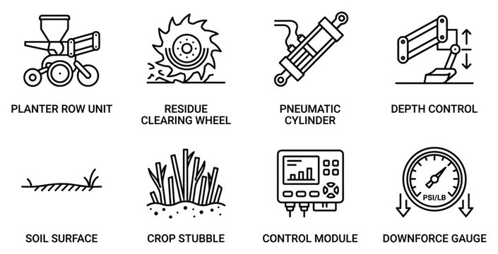 Planter row unit residue clearing wheel pneumatic cylinder depth control soil surface crop stubble.
