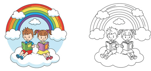 Fototapeta premium Cute Boy and Girl Reading Books Sitting on a Cloud under a Rainbow Vector Illustration Set with Coloring Page for Children Education Activity and Imagination Concept