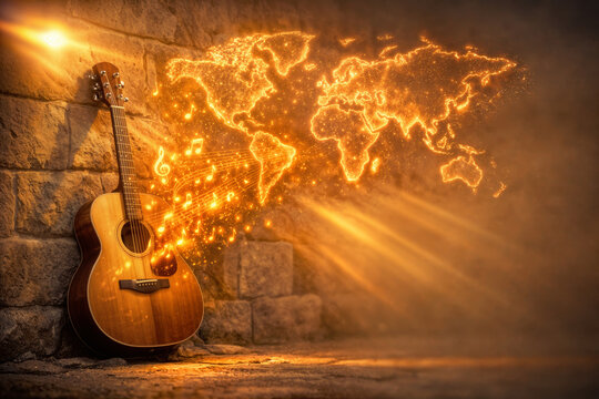 World Music Day F&ecirc;te de la Musique acoustic guitar with glowing musical notes and sound waves forming world map celebration June 21 global music festival harmony universal language