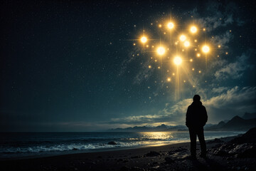 Fototapeta premium Matariki Maori New Year remembrance silhouette on volcanic shore in Aotearoa looking at Pleiades star cluster lunar calendar tradition renewal