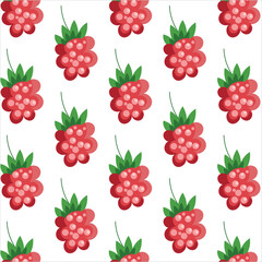 Raspberry seamless pattern vector illustration. Healthy red berry background with repeating raspberries and green leaves for organic food packaging, textile and wallpaper design. © AlinaCleverfox