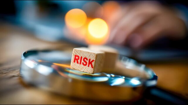Risk concept with letter blocks under a magnifying glass on wooden table, business analysis and financial uncertainty closeup