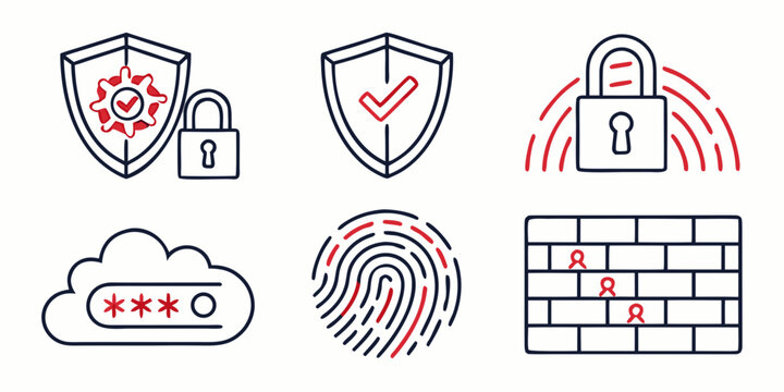 Data security and information privacy icons collection featuring cloud password and protection shield elements security protection encryption password fingerprint biometric firewall technology