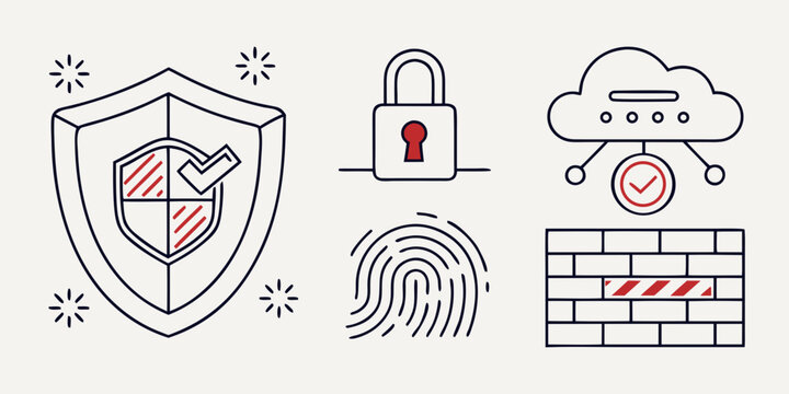 Set of cybersecurity icons including shield protection padlock cloud computing and fingerprint scanner with cybersecurity protection fingerprint firewall security internet technology biometric