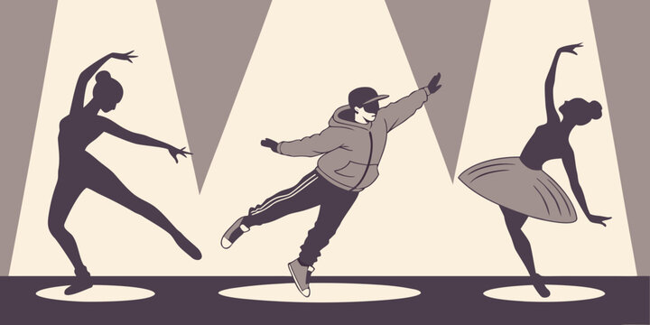 Performance art silhouettes of ballerina dancers and a male breakdancer under stage spotlights with ballerina breakdancer performance spotlight silhouette entertainment movement illustration