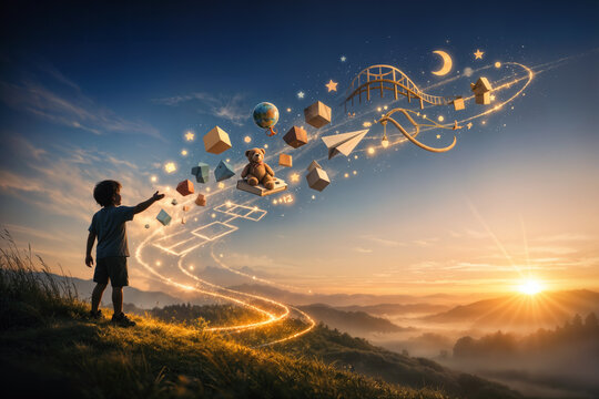 Playday first Wednesday of August celebration visual metaphor with child silhouette on hillside interacting with floating constellation of toys and learning pathway