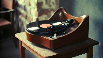 Obraz premium Vintage wooden record player with a black vinyl disc spinning on a small table in a dimly lit rustic room setting