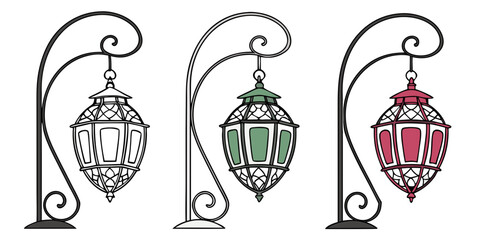 Three decorative lanterns on curved metal floor lamp stands with decorative lighting illustration interior exterior decoration ornament sculptural silhouette isolated collection traditional © Rumi