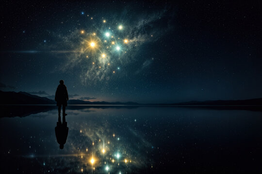 Matariki Māori New Year star cluster reflection with lone silhouetted figure on mirror lake symbolizing remembrance mourning and future hope Aotearoa New Zealand