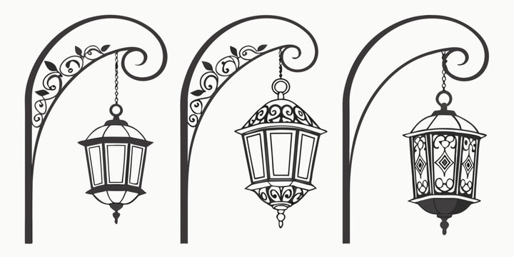 Set of three vintage hanging street lamps on ornate metal wall brackets with wrought iron lighting illustration classical decorative architecture collection silhouette scrollwork ornament