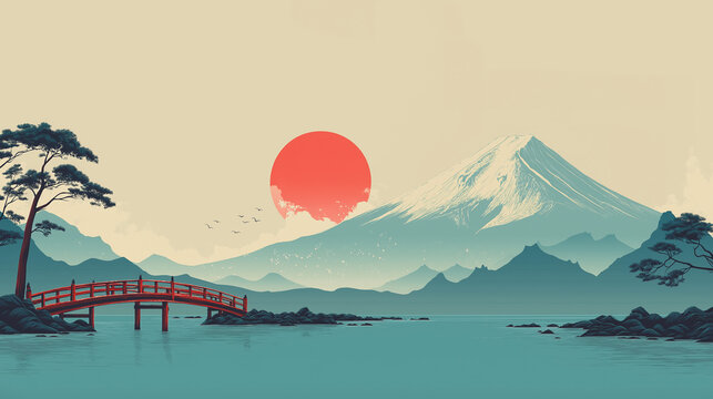mountain river minimal illustration japan aesthetic