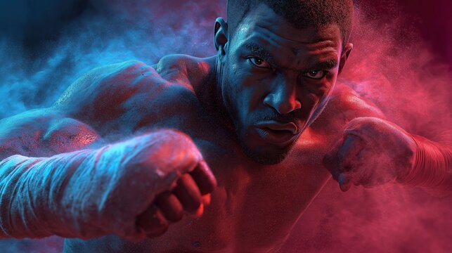 Intense male boxer with wrapped fists is ready to fight, surrounded by dramatic blue and red smoke lighting.