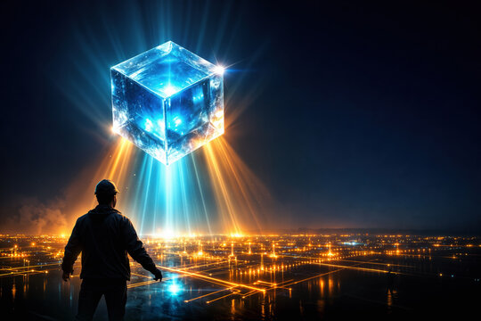 Levitating sodium chloride crystal beacon above glowing power grid symbolizing sodium‑ion battery commercialization and grid storage revolution with engineer silhouette