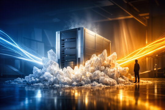 Sodium ion battery grid storage module emerging from crystalline salt formation with cold lithium blue to warm sodium gold energy flow commercialization renewable energy transition