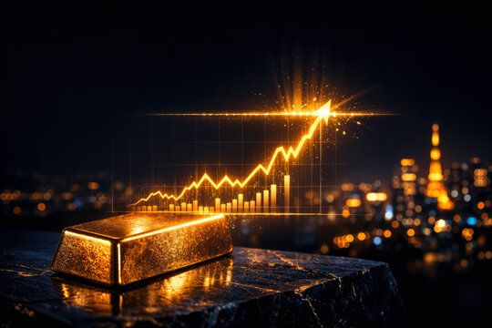Gold bullion bar with holographic ascending price chart breaking through ceiling over blurred Asian financial district skyline symbolizing safe-haven demand and record high bullion prices