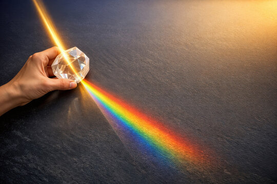 Summer Solstice June longest day conceptual prism with hand holding clear quartz crystal projecting golden sunlight spectrum onto slate celebrating solstice ceremony celestial cycle
