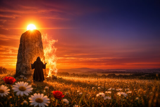Summer solstice sunset ritual at ancient standing stone with Celtic spirals druid silhouette midsummer June solstice solstice sunset pagan celebration longest day