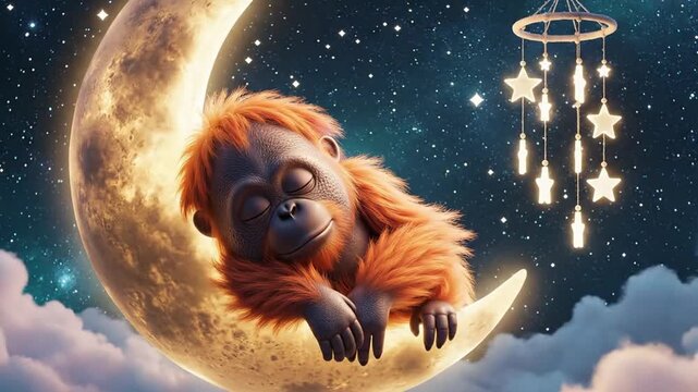 A serene baby monkey peacefully sleeping on a crescent moon under a starry night sky video