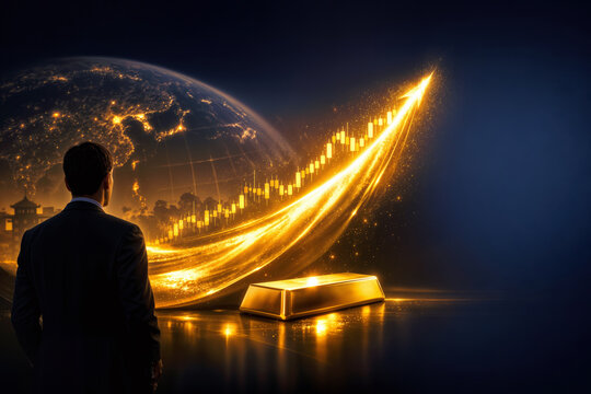 Luminous golden wave rising across global financial landscape with bullion bar investor silhouette and market chart symbolizing gold price record highs safe haven demand from Asia