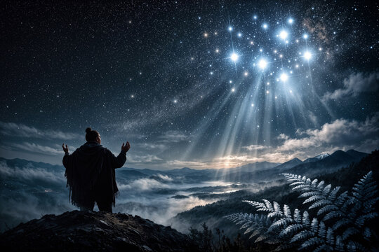 Matariki Maori New Year Pleiades constellation over New Zealand volcanic hilltop with silhouetted elder and silver fern honoring ancestors and cultural celebration