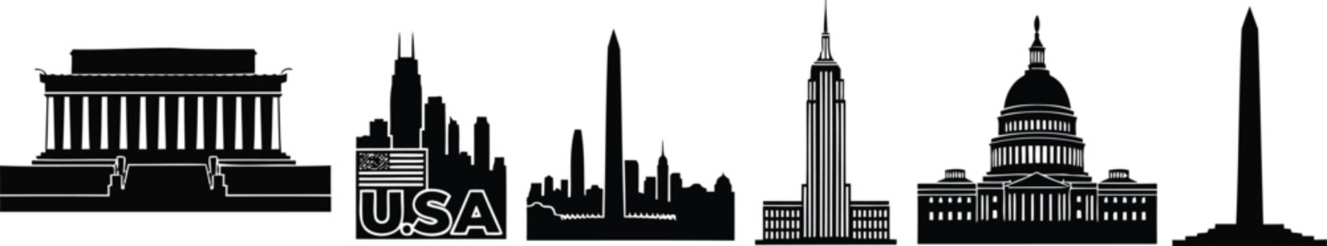 National capital building skyline monuments and landmark silhouette set design vector.