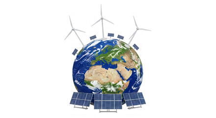 Naklejka premium World environment day sustainable energy solutions wind turbines solar panels protecting our planet