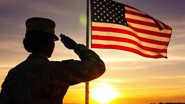 Female soldier saluting American flag at golden sunset. Patriotic scene symbolizes honor, duty, freedom, service to the nation. Perfect for Memorial Day, Independence Day, or military tribute videos