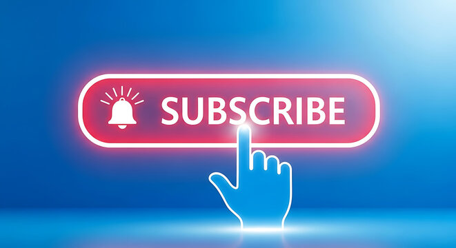 Subscribe button with glowing effect and hand cursor on blue background