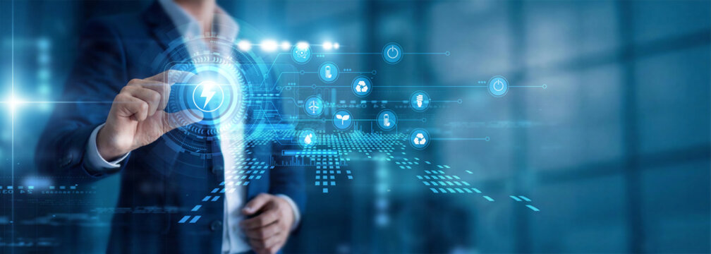 A green engineer's hand holds a sensor for Eco-Innovation, tracking data through a sustainable network system now. Solar solutions provide a very efficient way to save energy today.