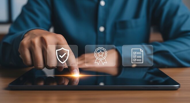 Man in blue shirt using tablet with security on screen shield