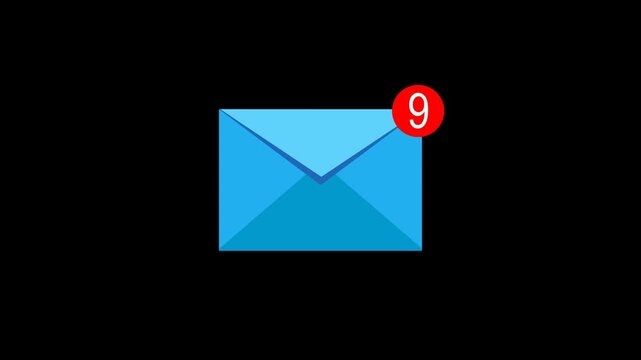 Blue, email, envelope, icon, animation, with, red, number, 9, notification, badge, on, black, background, perfect, for, digital, marketing, and, modern, mobile, app, UI, design.
