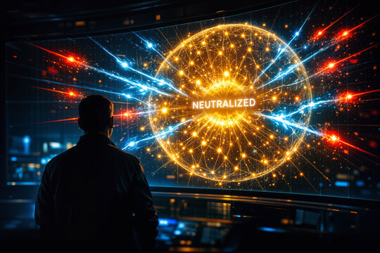Anonymous cybersecurity analyst silhouetted before holographic neural network sphere with NEUTRALIZED AI core intercepting red threat vectors proactive defense visualization