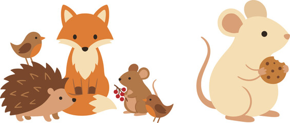 Fototapeta premium Woodland creatures gathering with fox and hedgehog mouse holding cookie isolated