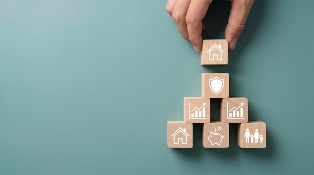 Hand building a financial planning pyramid with wooden blocks with icons of house, shield, growth, piggy bank and family on a green background