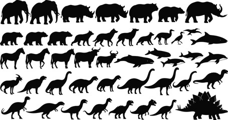 Animal and Dinosaur Silhouettes Icon Set Featuring Wild Animals and Prehistoric Creatures © Bappi